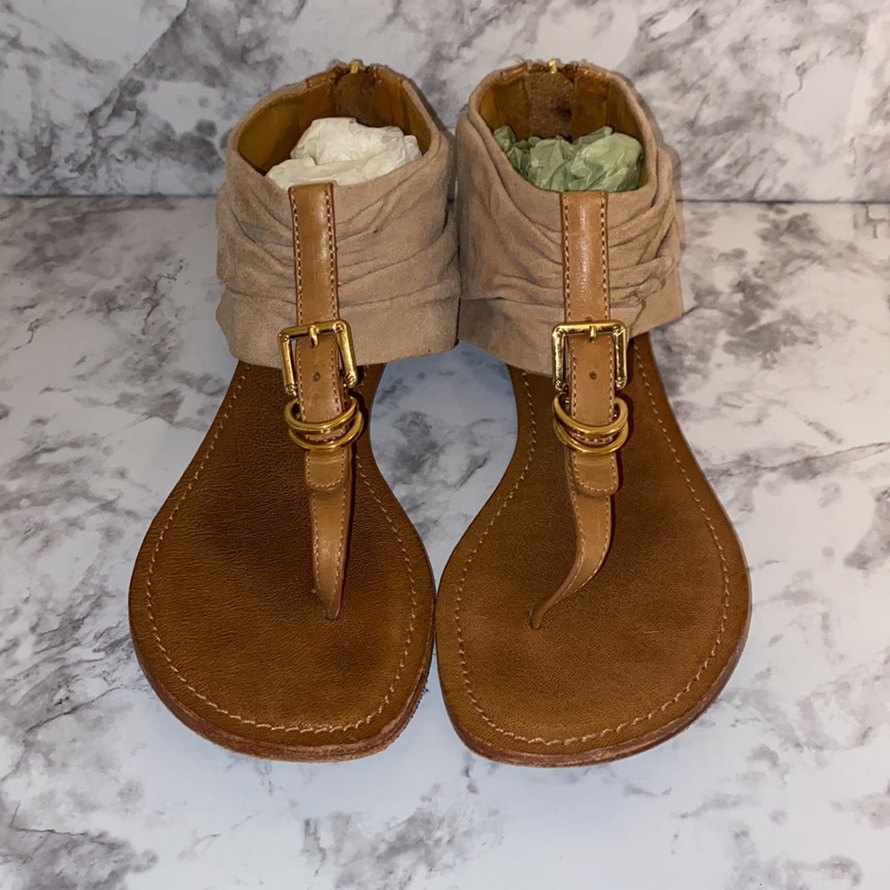 Tory Burch Tan Brown Suede Ankle Strap Sandals